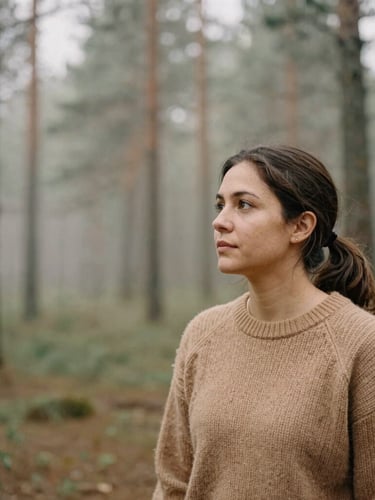 Environmental portrait of a female coach in a warm wool sweater, looking thoughtfully toward a misty pine forest, soft overcast daylight, desaturated earth tones