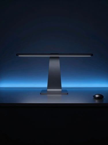Sleek dark-mode portrait of a minimalist modern workspace, subtle electric blue ambient lighting reflecting on glass and dark metal surfaces, sharp focus, 35mm