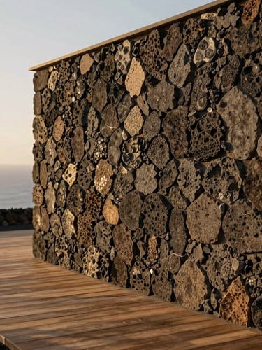 Close-up of minimalist stone wall of a modern Canarian villa, soft golden coastal light casting long shadows on warm timber decking, volcanic stone textures.