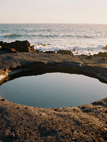 Warm editorial photo of a volcanic rock pool meeting the Atlantic, soft side-lighting, 35mm film aesthetic.