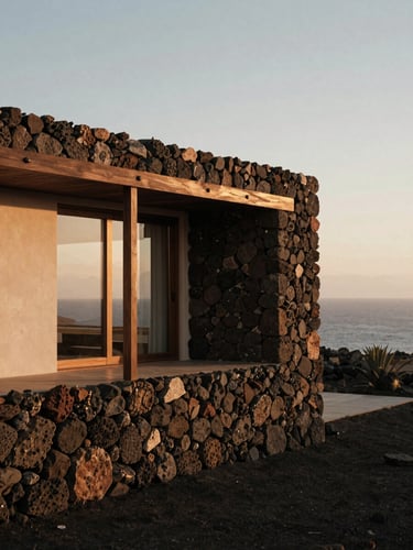 Architectural detail of a modern Canarian villa, soft golden-hour side-lighting on raw volcanic stone and dark wood, warm coastal haze, 35mm film aesthetic.