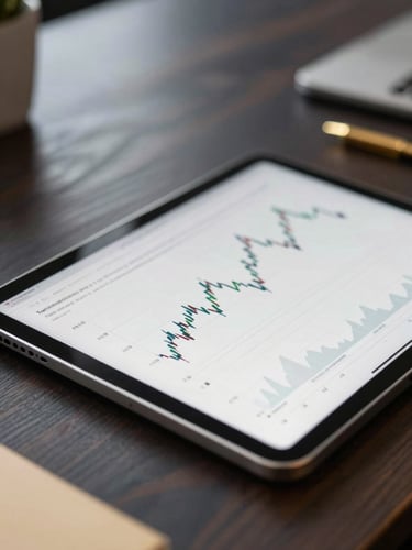 Close-up of a modern tablet displaying clean financial charts on a dark wood desk, soft corporate lighting, gold accents, shallow depth of field