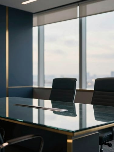 Professional editorial photography of a modern luxury corporate boardroom, soft morning light filtering through high windows, deep navy and muted gold tones, a clean glass desk reflecting the sky, shallow depth of field, 35mm