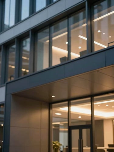 Professional editorial photography of a contemporary office building interior, clean architectural lines of steel and glass, soft corporate lighting, deep navy and muted gold tones, shallow depth of field, 35mm