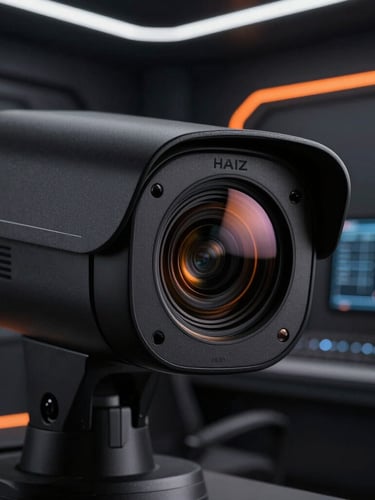Close-up of a sleek black Haiz security camera lens reflecting sharp orange light, modern dark high-tech control room background, professional product photography