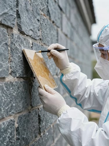 A certified inspector in clean white protective gear carefully collecting a material sample from an old wall, cool slate tones, bright clinical daylight, sharp macro detail.