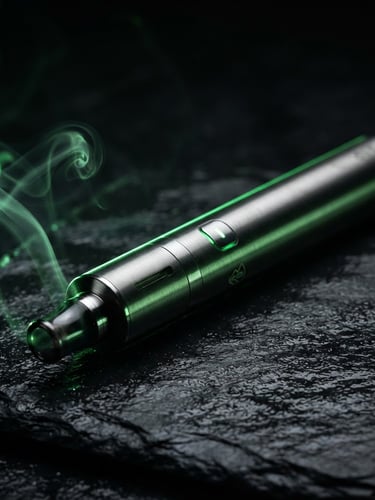 Sleek metallic vape pen lying on a dark slate surface, sharp neon green rim lighting, macro shot showing vapor trails, high-contrast studio photography