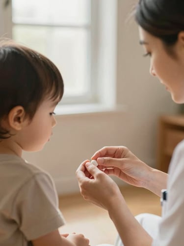 Close-up of a community health worker gently interacting with a toddler and parent during an educational play session, natural window light, warm tones, shallow depth of field, 35mm