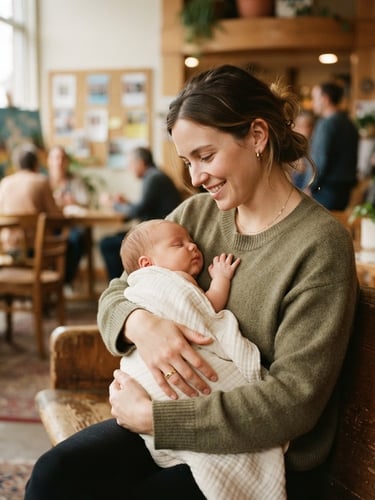 Wide shot of a mother gently holding her infant in a community center, soft natural window light, muted earth tones, shallow depth of field, 35mm
