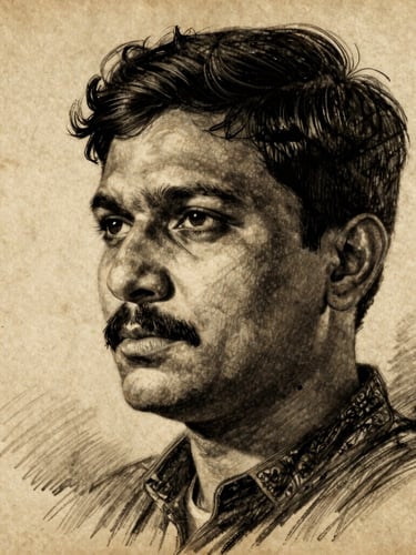 Close-up hand-drawn charcoal portrait of an unsung Indian freedom fighter, weathered parchment texture background, dramatic side-lit chiaroscuro, high contrast, solemn and emotional.