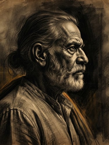 Dramatic chiaroscuro charcoal portrait sketch of an unsung Indian freedom fighter, side profile, weathered parchment background, low-key golden-hour lighting.