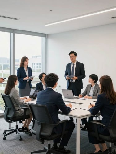 Bright modern corporate office with collaborative team, natural daylight, professional corporate photography, clean navy and slate tones, 35mm
