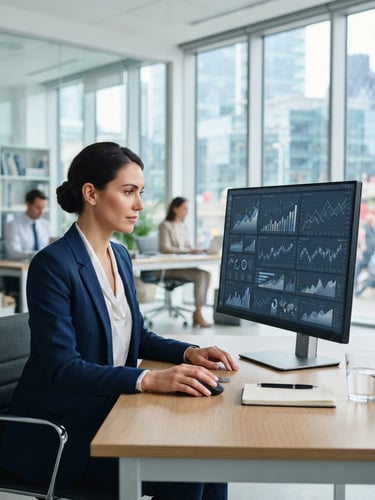 Professional corporate photography of a bright natural daylight office, a financial consultant analyzing structured charts on a screen, clean blue and slate tones, sharp focus, 35mm