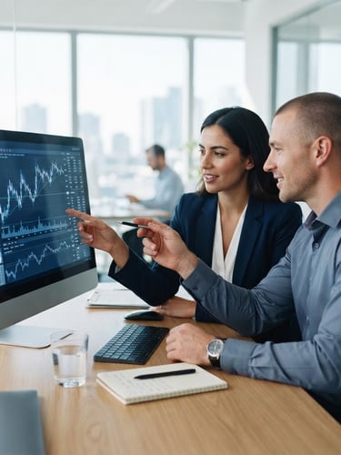 Bright natural office daylight, two professional financial analysts collaborating over a screen with clean charts, slate and navy blue tones, sharp focus, 35mm