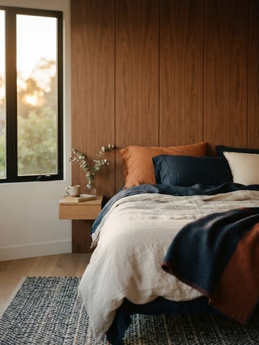 Warm editorial photography of a sunlit minimalist bedroom interior with warm wood panels, soft linen sheets, golden-hour window light, shallow depth of field, 35mm.