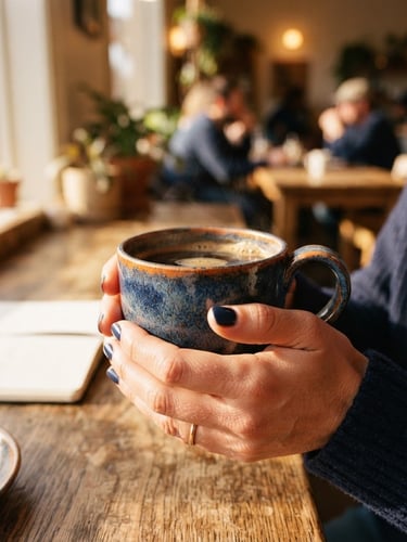 Intimate close-up of hands holding a warm ceramic mug of pour-over coffee near a sunlit window, cozy cafe interior background, soft lighting, 35mm photography