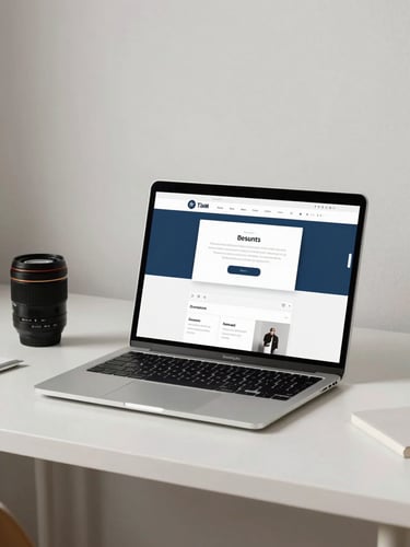 Clean tech photography of a minimalist workspace with a laptop displaying a sleek template, soft diffused natural light, neutral tones, 35mm lens
