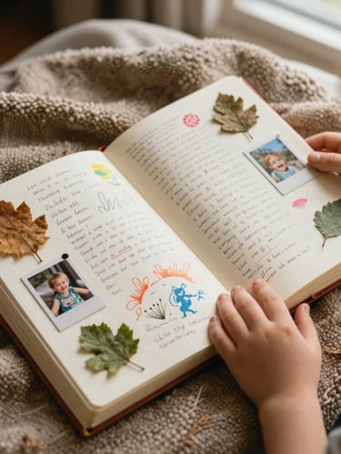 Portrait shot of a family's open Keepsakes journal, filled with children's handwriting, colorful drawings, pressed leaves, and small photos, all carefully preserved. The journal sits on a cozy blanket with a child's hand gently touching a page, warm natural light, rich earthy tones.