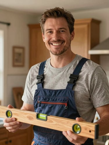 A medium portrait shot of a friendly, smiling family-owned contractor in a warm, sunlit residential kitchen, holding a wooden level, natural morning light, cozy home environment.