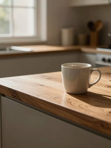 A warm, naturally lit kitchen with a coffee mug on a newly installed oak countertop, soft residential light filtering through a window