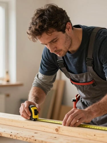 A professional carpenter in a clean, organized residential work zone, carefully measuring a wooden beam with a tape measure, warm natural light.