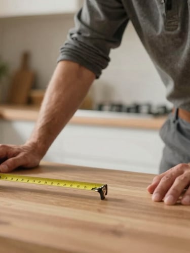 Medium shot of a friendly contractor's hands resting on a wooden kitchen counter next to a tape measure, soft natural indoor lighting, warm and approachable.