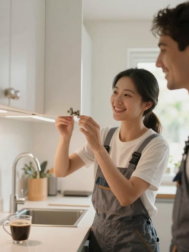 A warm, sunlit residential kitchen where two friendly team members in clean everyday work clothes are smiling while adjusting a cabinet hinge, natural daylight, soft focus on lived-in details like a coffee mug on the counter.