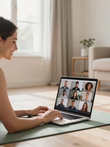 Bright editorial photography, soft morning window light, warm neutral tones. A woman is smiling on a sage green yoga mat in a clean home living room, looking at a laptop screen that displays a friendly grid of participants.
