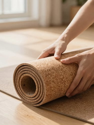 Close-up of hands gripping a natural cork yoga mat on a light hardwood floor, soft morning daylight streaming in, warm neutral tones, 35mm lens.