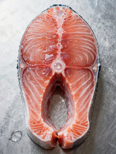 Extreme close-up overhead of a thick fish fillet cross-section on white stainless steel surface, bright cool diffused daylight revealing the deep coral-pink flesh texture and precise cut edge, single water droplet visible on the surface, clinical precision, no warmth