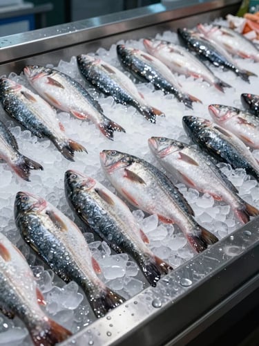 Wide environmental shot of a professional fishmonger display counter: whole fish resting on a thick bed of crushed ice under cool overhead lighting, water droplets glistening on skin, stainless steel counter edge visible at bottom, no people, no warmth, clinical and precise
