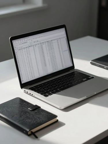 A minimalist modern workspace in cool diffused daylight, a clean desk with a laptop displaying a neat spreadsheet, a physical black notebook, and architectural shadows.