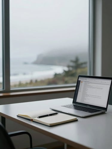 Wide, balanced environmental shot of a quiet modern workspace in the Pacific Northwest. Cool, diffused overcast daylight streams through a large window. A clean minimalist desk holds a single open notebook, a sleek pen, and a laptop showing clean spreadsheets. Coastal fog visible in the soft-focus background.