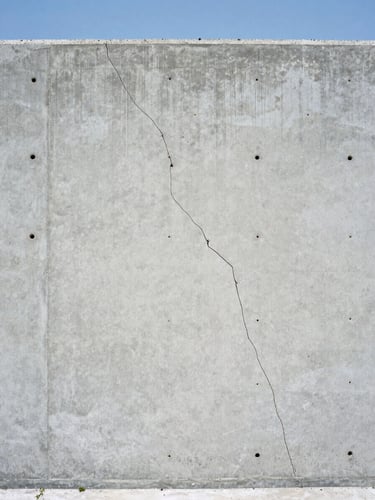 Straight-on level architectural photograph of a clean concrete basement wall with a hairline crack being prepared for injection, bright natural daylight, cool slate tones, crisp focus, 35mm.