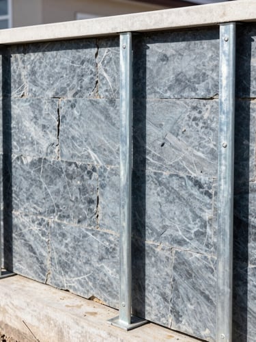 Sharp architectural photo of a residential foundation wall with heavy-duty steel piers installed deep into the ground, bright natural daylight, cool slate and blue tones, crisp focus, 35mm