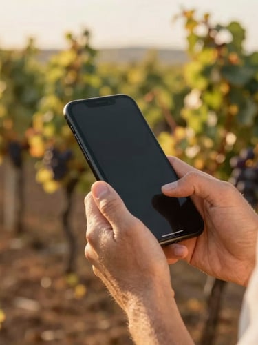 Close-up of a winemaker's hands holding a smartphone in a sun-drenched vineyard during golden hour, soft focus on grapevines in the background, warm editorial photography, deep wine tones
