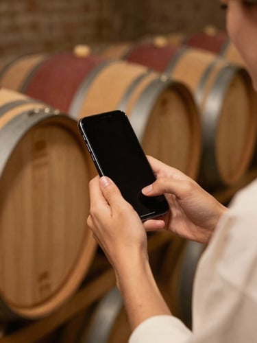 Hands of a winemaker holding a smartphone next to oak wine barrels in a dim cellar, soft warm light highlighting the device, shallow depth of field