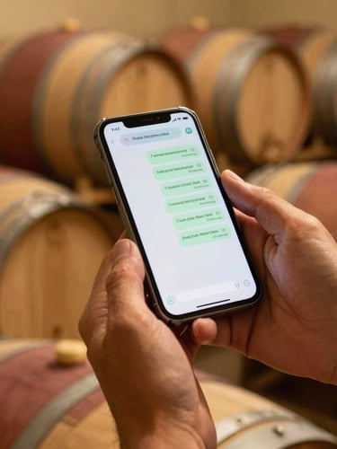 Close-up of hands of a traditional winemaker holding a modern mobile phone displaying a clean WhatsApp chat, background of oak aging barrels in a dimly lit, warm cellar, 35mm.
