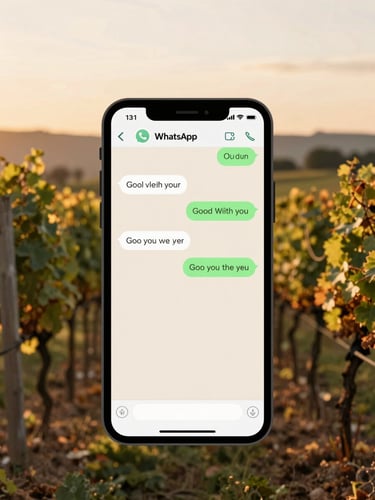 Elegant mobile phone showing clean WhatsApp chat interface with a soft-focus vineyard at sunset in the background, warm golden hour light, 35mm