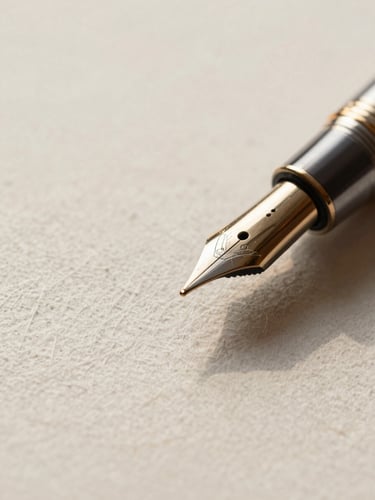 Macro portrait of a luxury fountain pen tip resting on heavy textured cotton paper, soft lateral warm light casting long shadows, minimalist composition with negative space on the left
