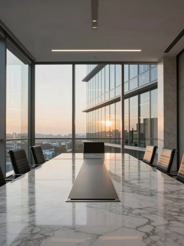 Wide panoramic view of a modern corporate boardroom at dusk, soft golden light filtering through large glass windows, a clean marble table reflecting the architectural lines, minimal and sophisticated atmosphere.