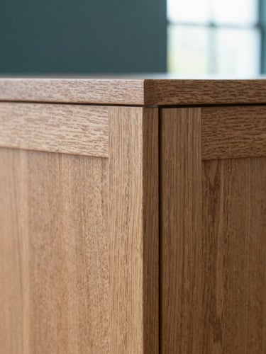 Macro close-up shot of a perfect dovetail wood joint on a solid oak cabinet, natural daylight, showing rich wood grain textures, professional carpentry detail, architectural interior photography style
