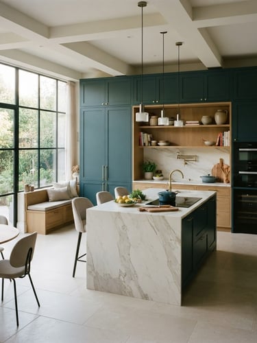Architectural interior photography of a luxury modern kitchen with deep teal cabinetry and warm sand oak accents, soft natural morning light streaming through a large window, wide shot, high-end detail
