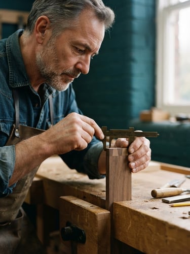A close-up portrait of a master carpenter in a clean workshop, measuring a custom oak joint with a brass caliper, soft natural window light, deep teal tones, architectural interior photography.