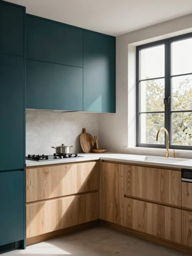 A bright, modern architectural kitchen with custom deep teal cabinetry and warm sand oak detailing, daylight streaming through a large window, highly detailed.