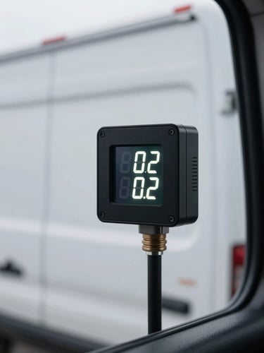 Interior of a clean transport vehicle showing a digital temperature sensor glowing at exactly sixty-two degrees, high-contrast technical focus.