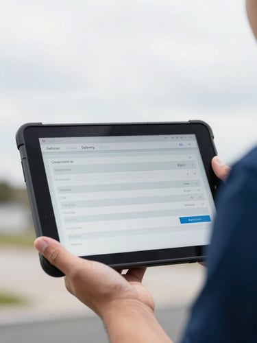 Close-up of a courier's hand holding a rugged digital tablet displaying a timestamped delivery manifest screen, bright overcast daylight.