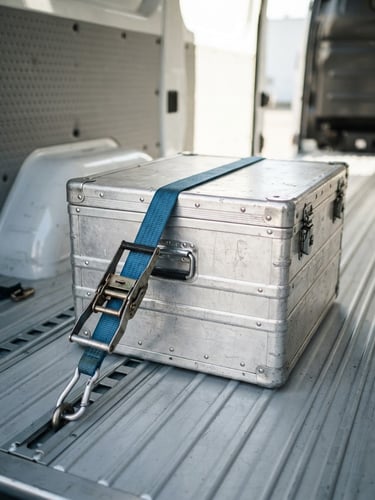 Close-up of a secure cargo strap securing a high-value aluminum case inside a clean delivery van, bright morning sun, high contrast, sharp commercial photography, 35mm lens.