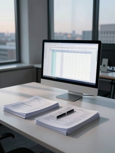 Wide shot of a minimalist office desk at pre-dawn, single monitor glowing with a spreadsheet, a neat stack of tax documents and a pen resting on top, cool north-facing window light casting long shadows across the surface