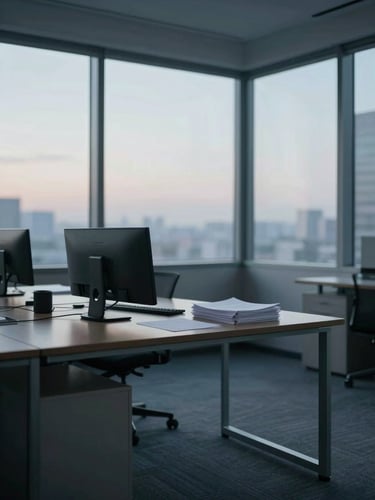 Wide shot of an empty modern office at dawn, a single desk with a monitor and a neat stack of printed documents, cool blue-grey window light, no people, minimal composition